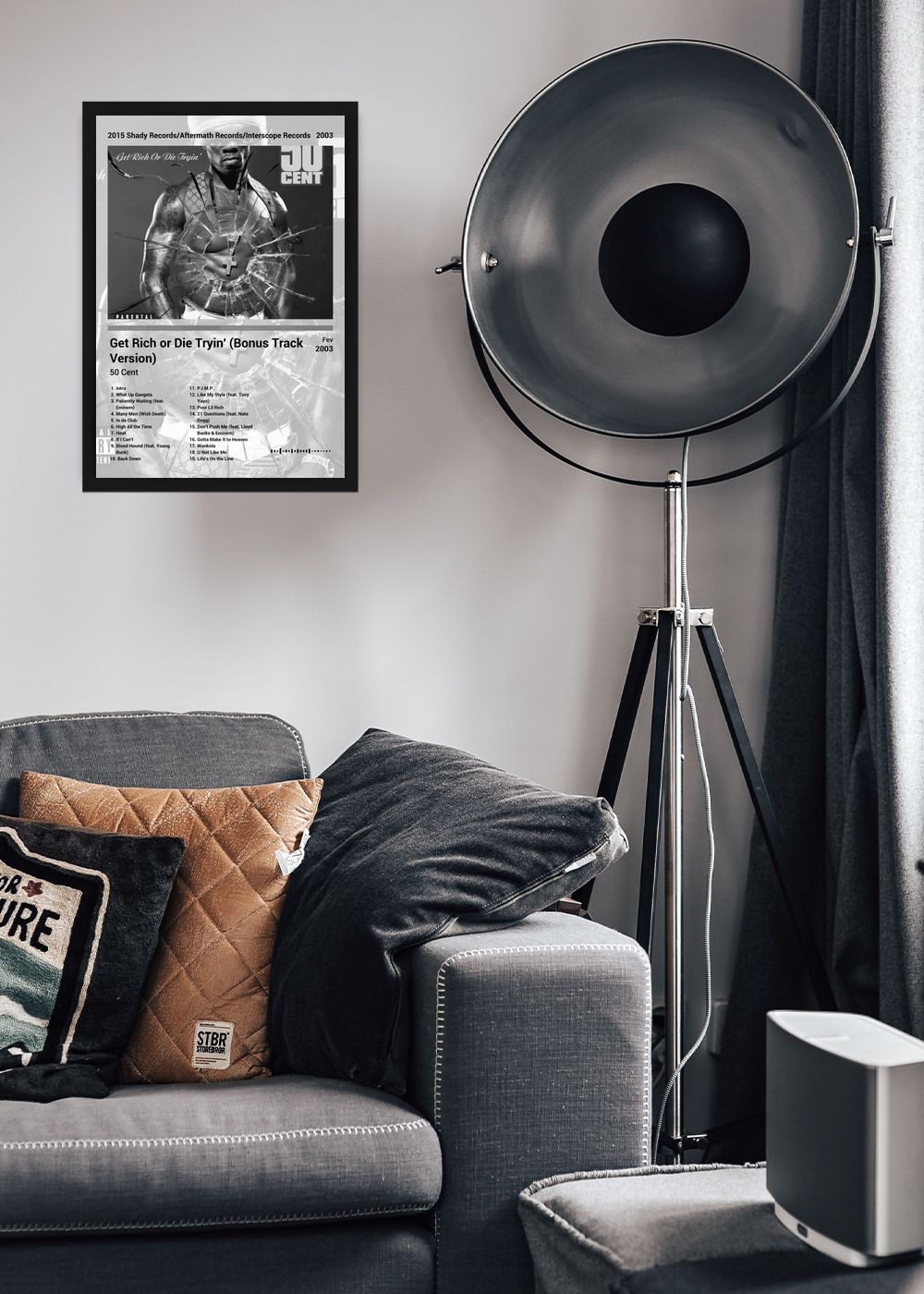 Quadro 50 Cent Get Rich or Die Tryin (Black&white) Com Vidro