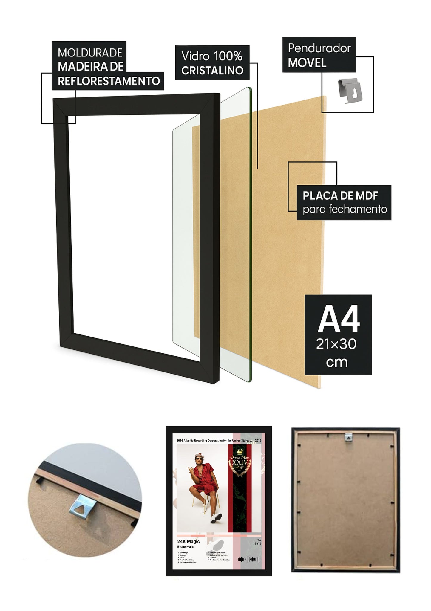 Quadro Decorativo Bruno Mars 24K Magic (Light) Com Vidro