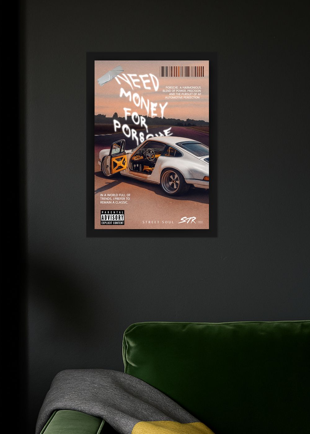 Quadro Decorativo Need Money for Porsche Street Com Vidro