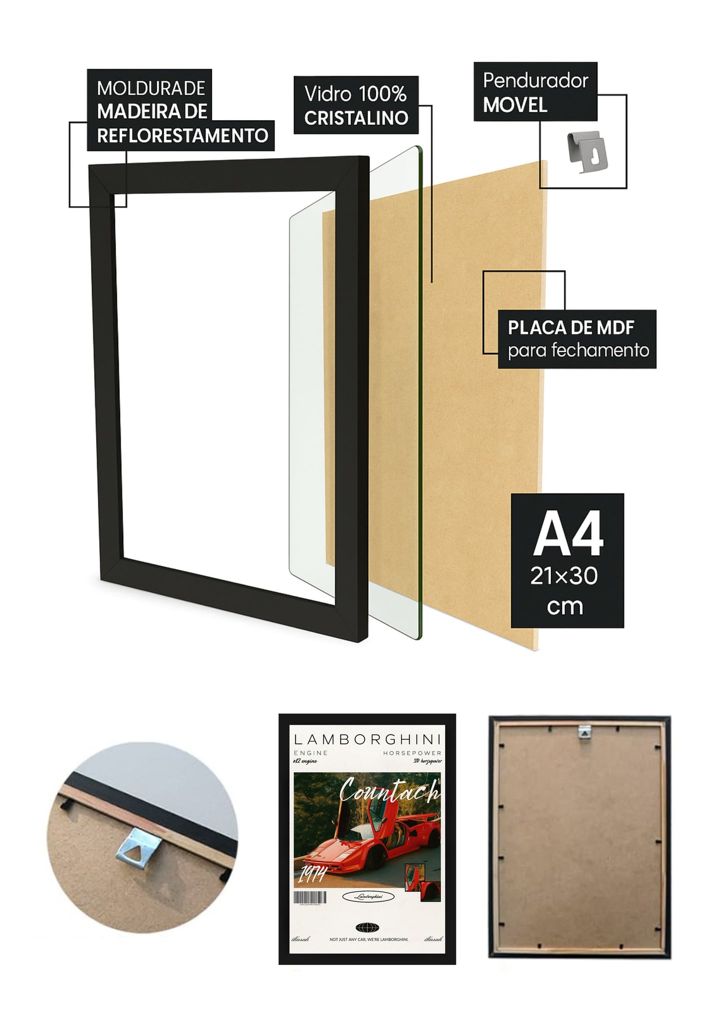 Quadro Com Vidro Lamborghini Countach 1974 com Moldura