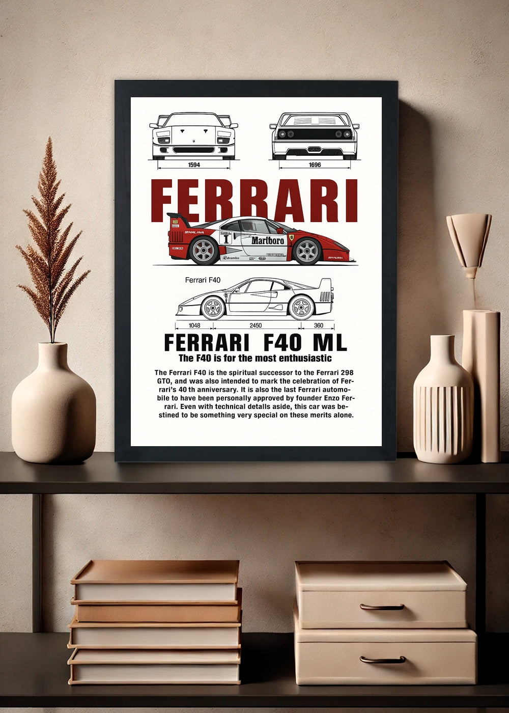 Quadro Decorativo Ferrari F40 ML - Com vidro