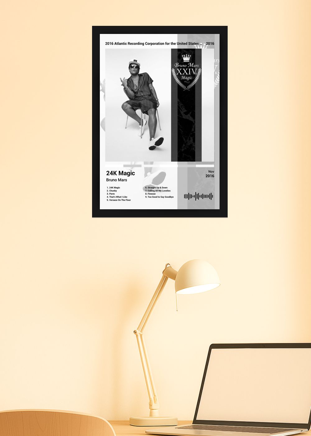 Quadro Bruno Mars 24K Magic (Black&white) Com Vidro