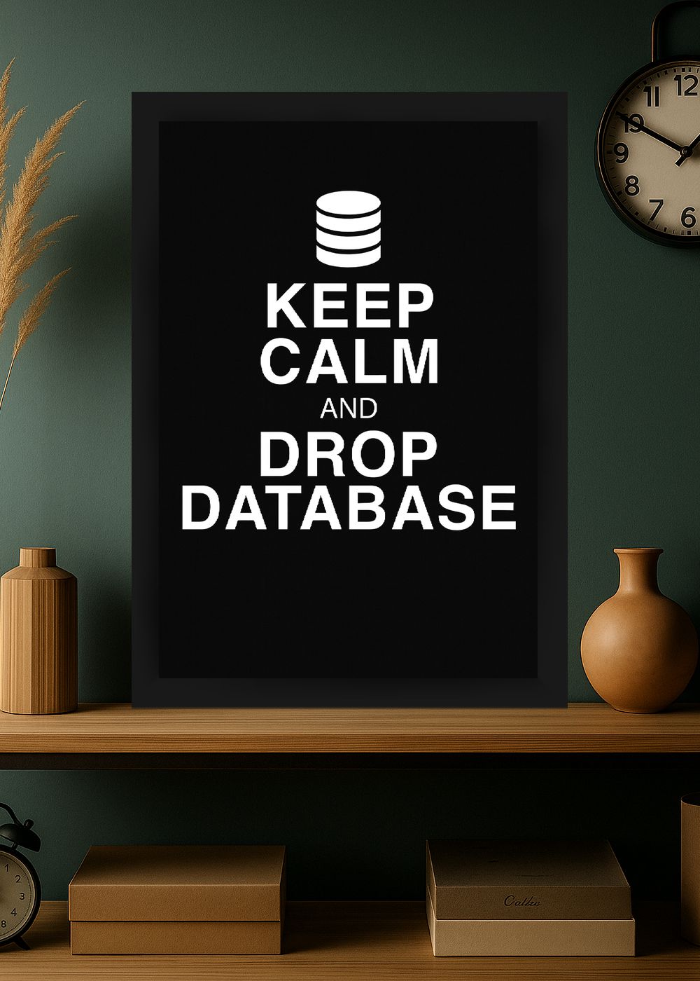 Quadro Geek Keep Calm and Drop Database Com Vidro e Moldura