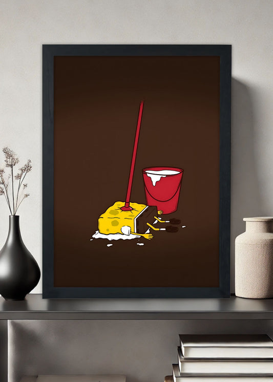 Quadro Decorativo Bob esponja limpando - Com vidro