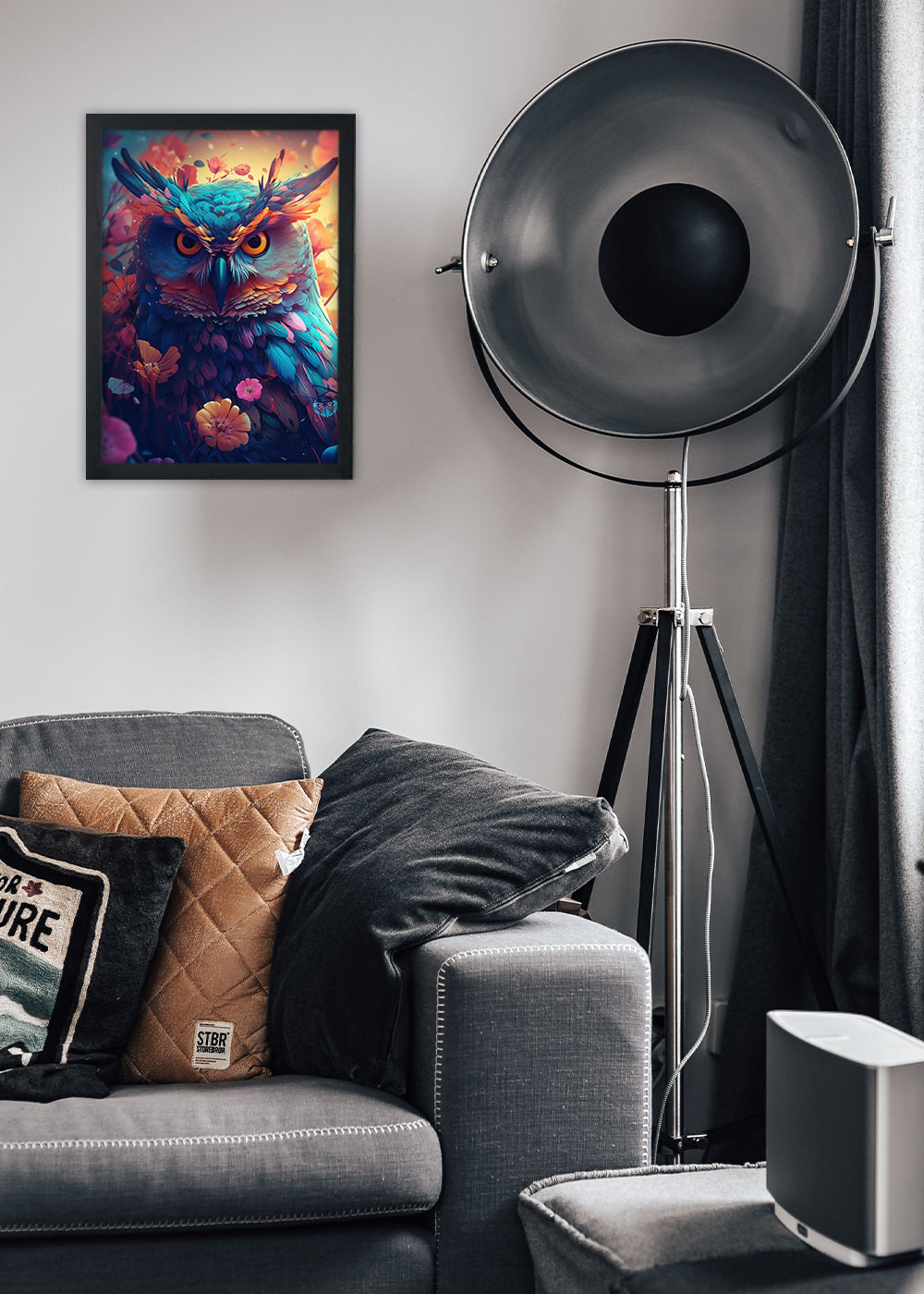 Quadro Decorativo Coruja noturna abstrata - Com vidro