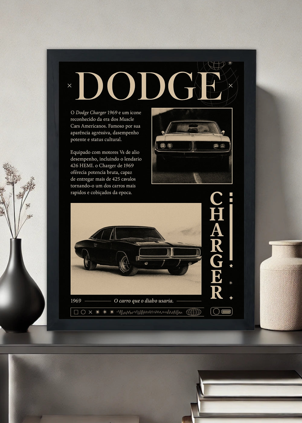 Quadro decorativo Dodge Charger 1969 Clássico – Com vidro