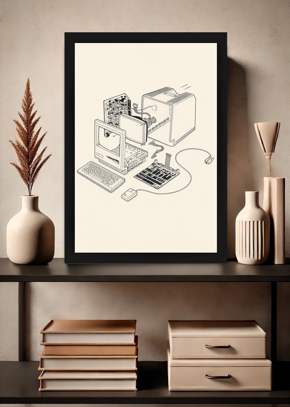 Quadro Computador Retro Digital com Vidro e Moldura