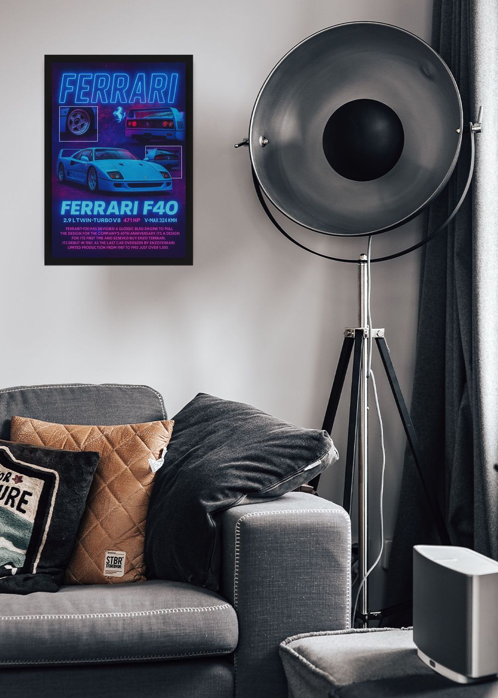Quadro Com Vidro Ferrari F40 Neon com Moldura