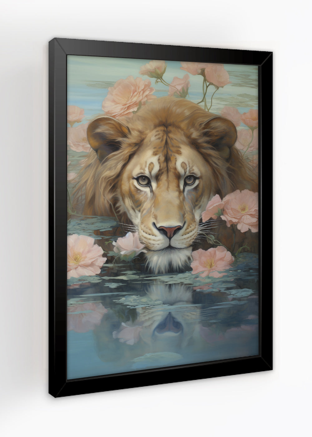 Quadro Decorativo Leão no mar de rosas - Animais - Com vidro