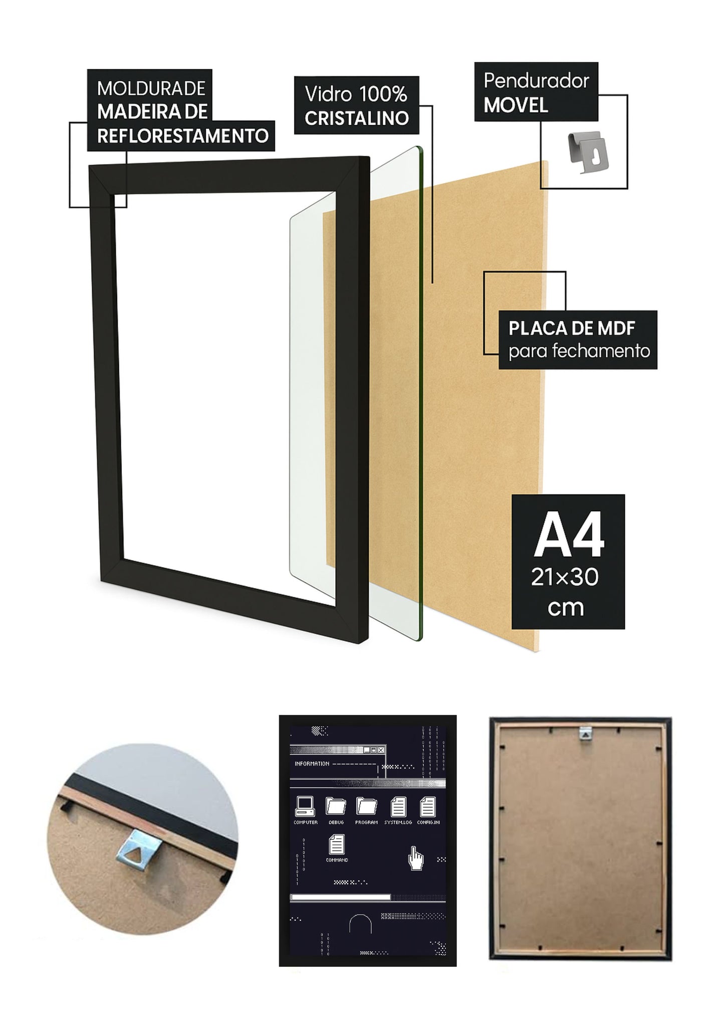 Quadro Área de Trabalho Retrô com Vidro e Moldura