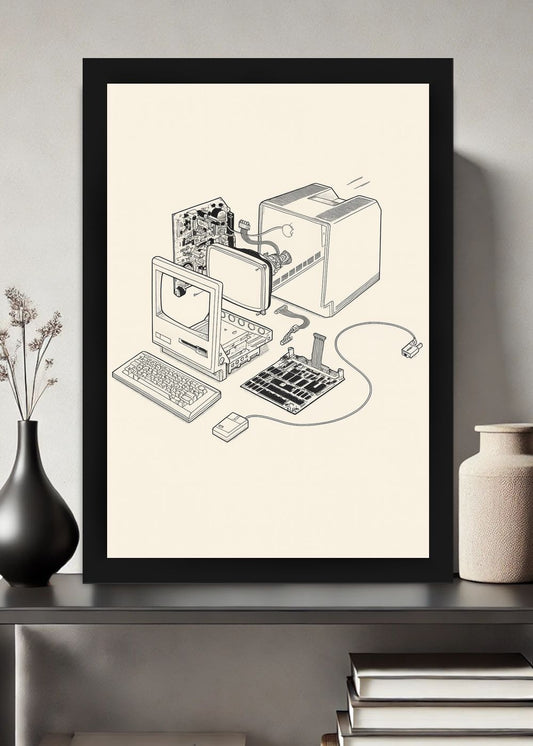 Quadro Computador Retro Digital com Vidro e Moldura