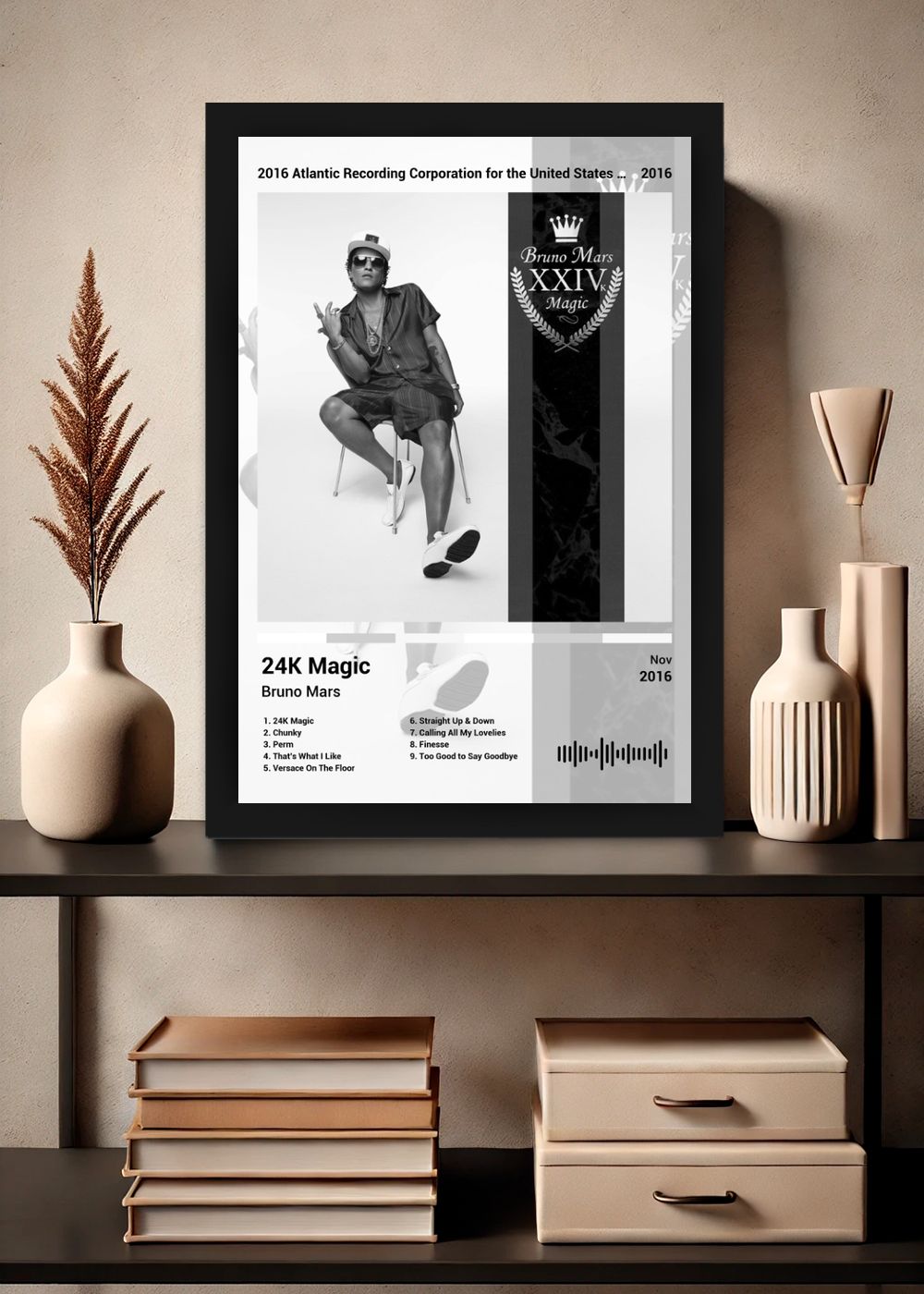 Quadro Bruno Mars 24K Magic (Black&white) Com Vidro