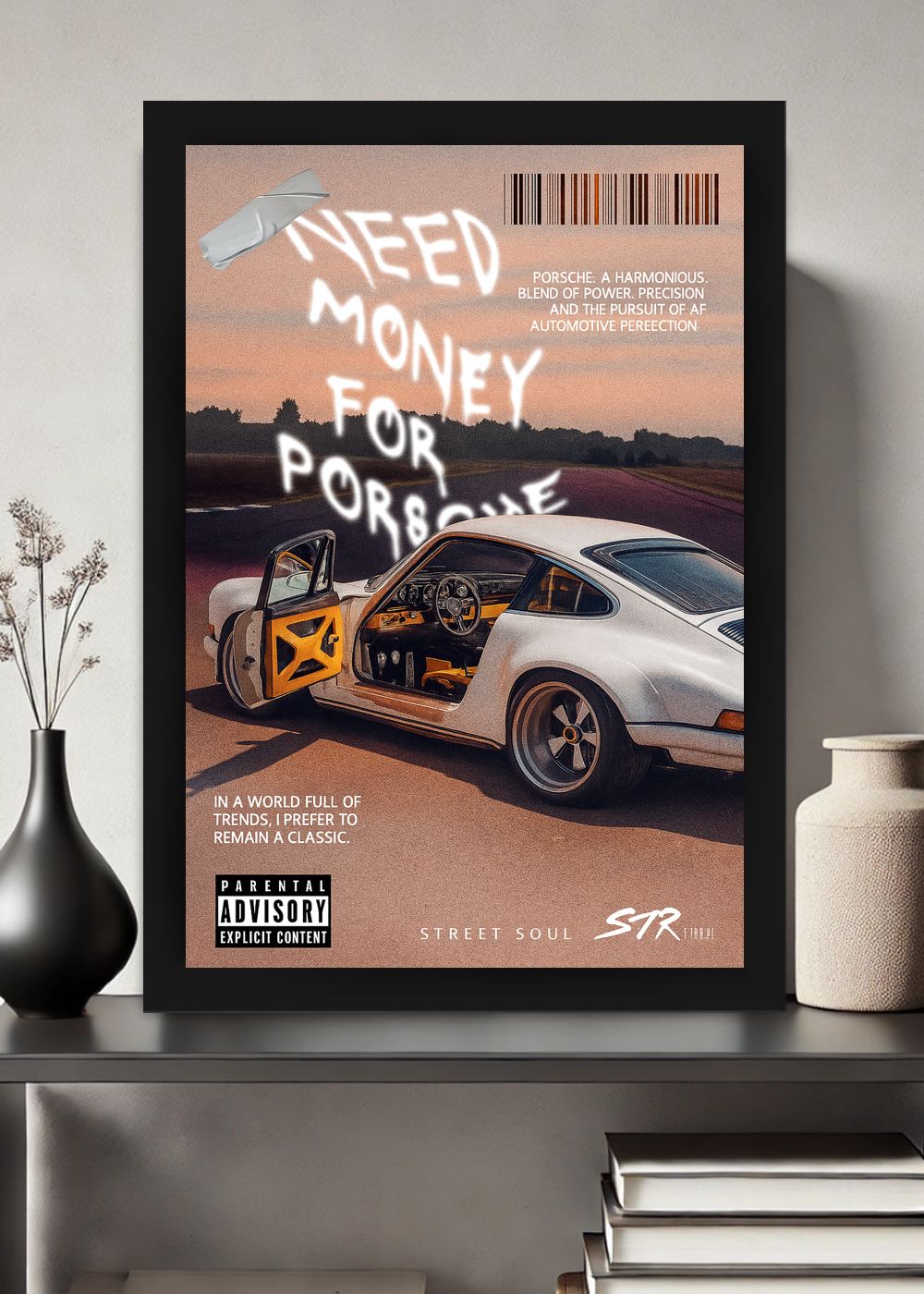 Quadro Decorativo Need Money for Porsche Street Com Vidro