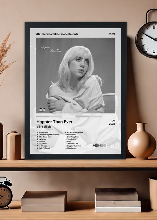 Quadro Billie Eilish Happier Than... (Black&white) Com Vidro