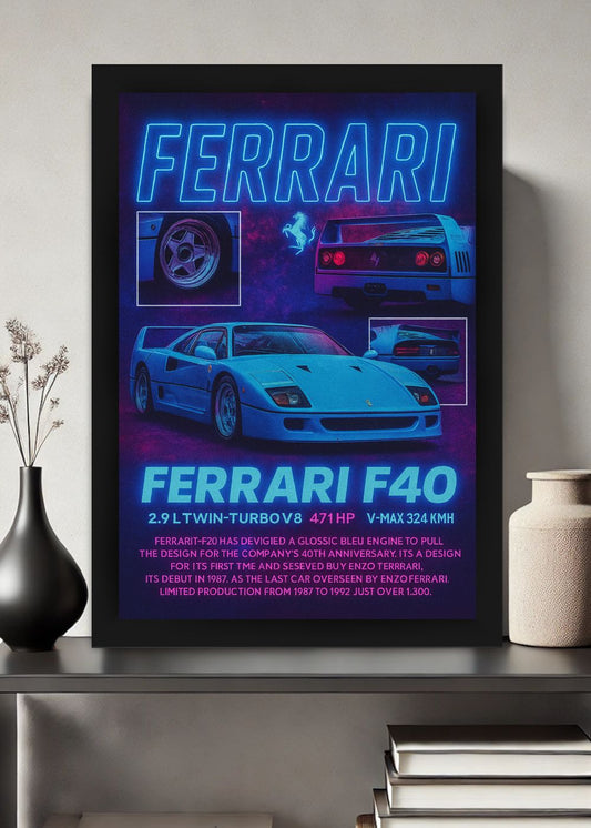 Quadro Com Vidro Ferrari F40 Neon com Moldura