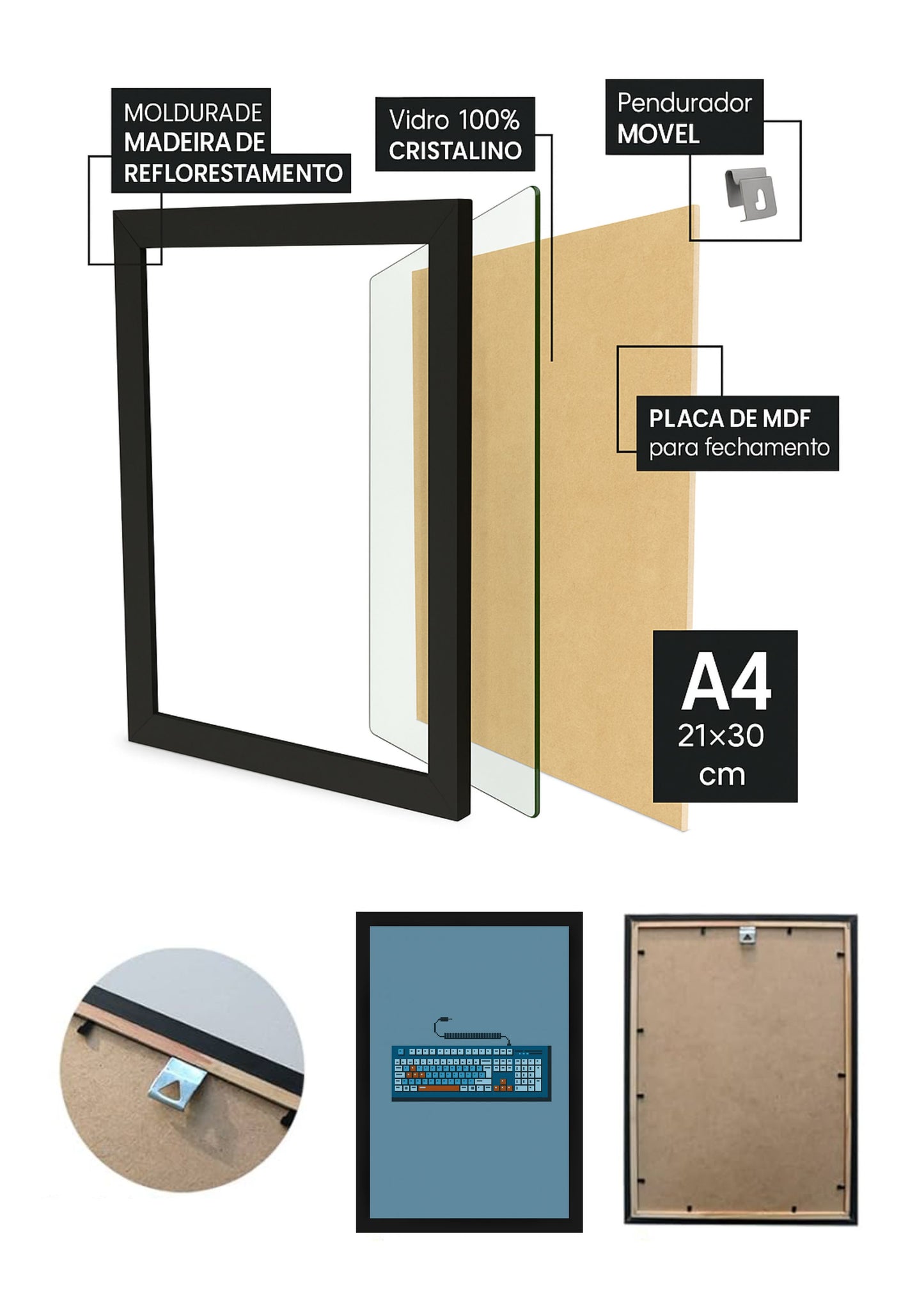 Quadro Teclado Retrô Pixelado com Vidro e Moldura