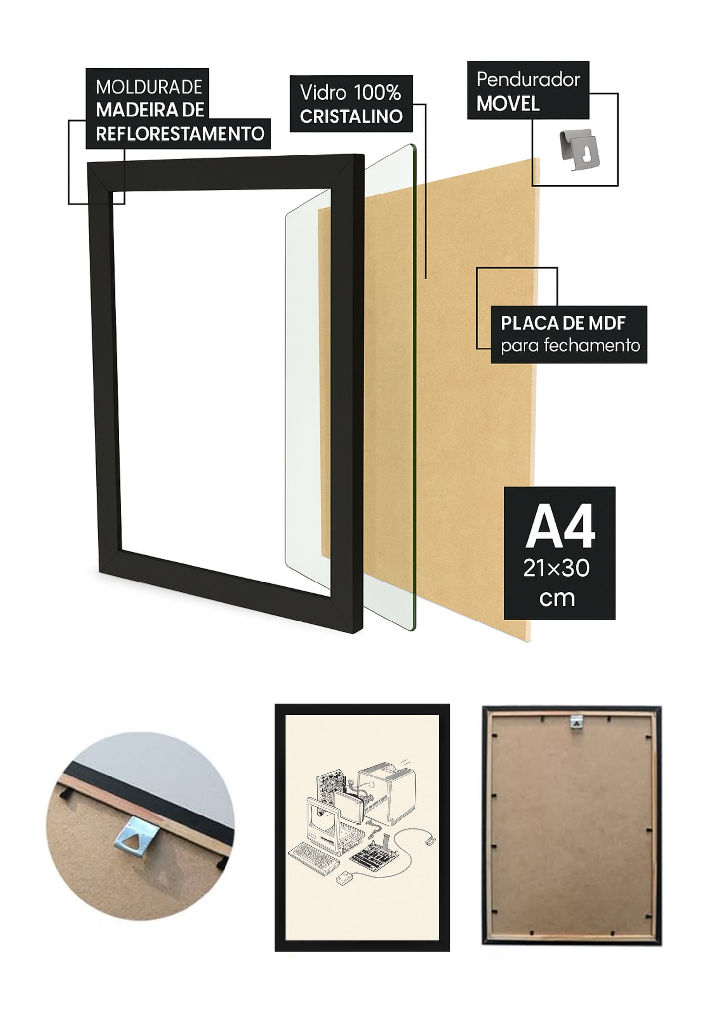 Quadro Computador Retro Digital com Vidro e Moldura