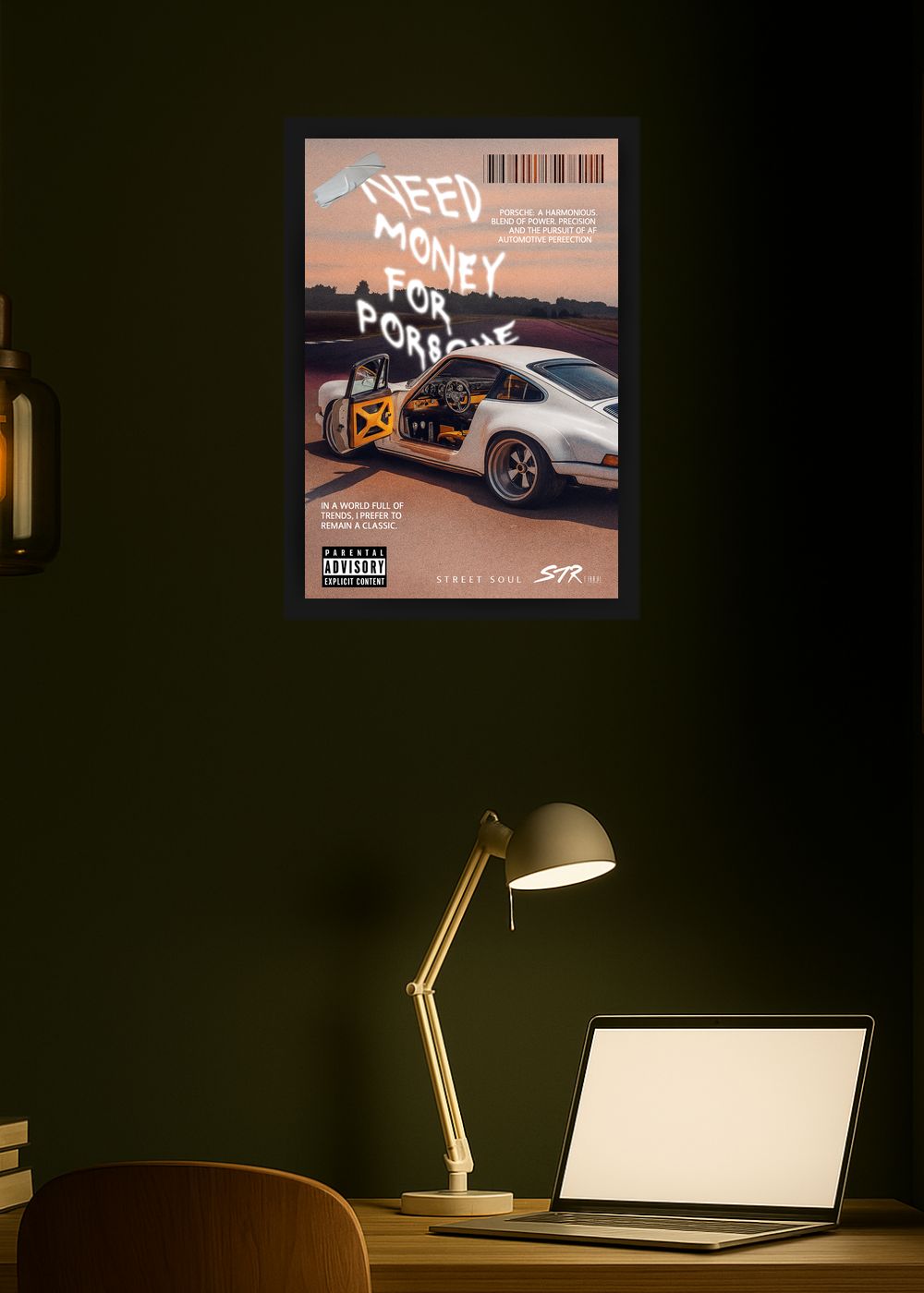 Quadro Decorativo Need Money for Porsche Street Com Vidro