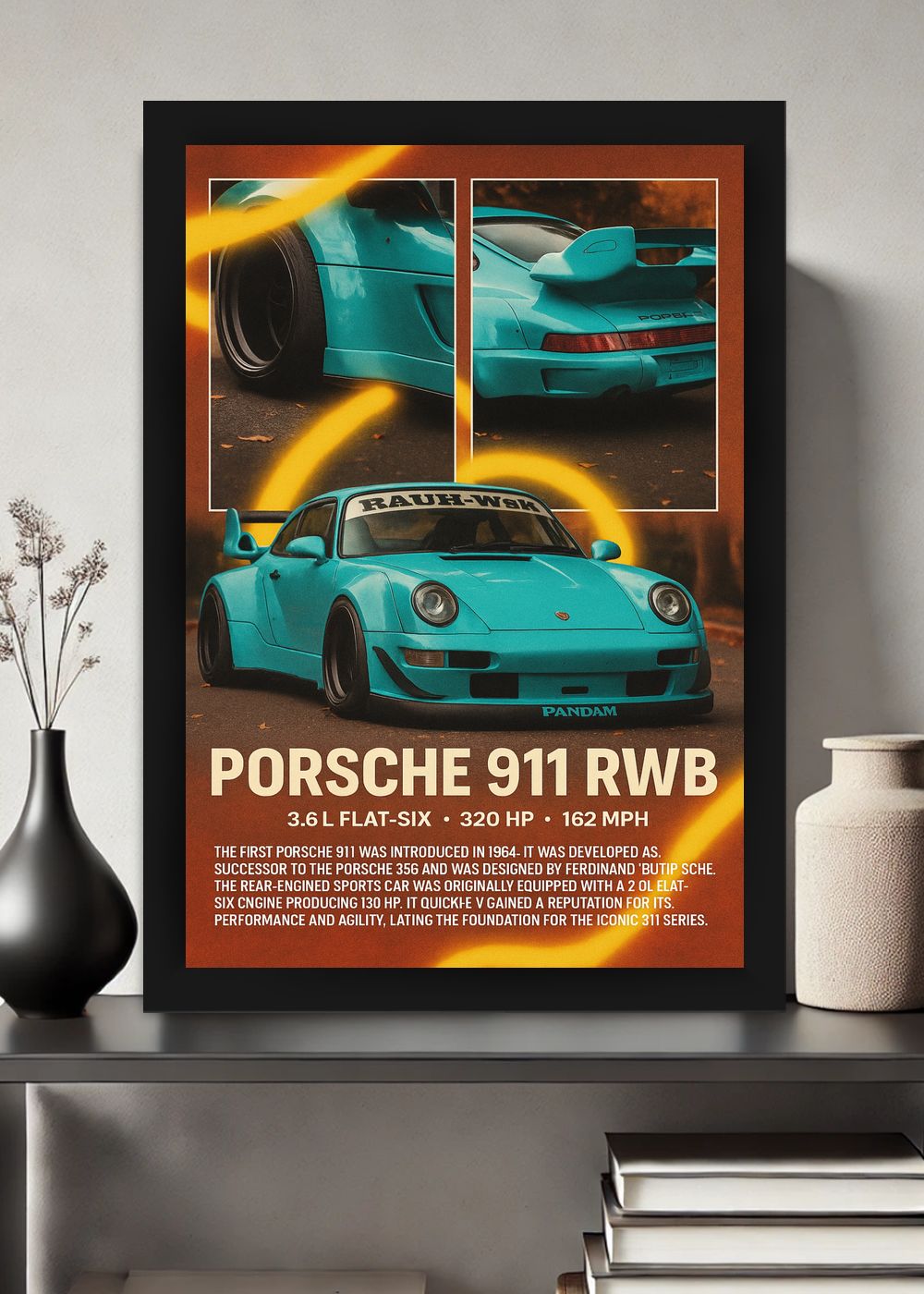 Quadro Com Vidro Porsche 911 RWB com Moldura