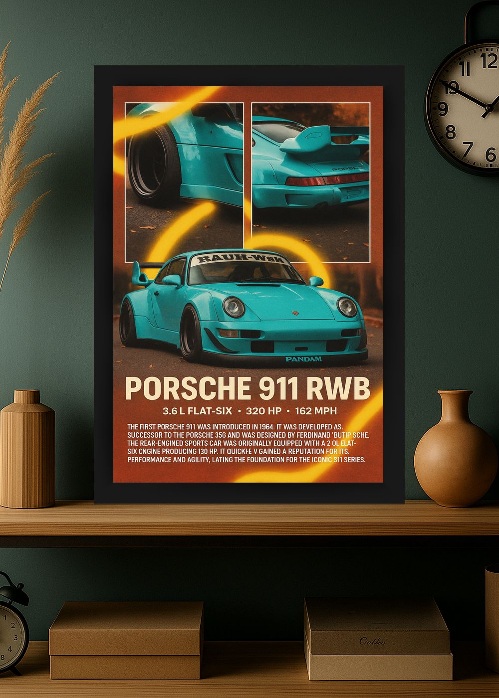 Quadro Com Vidro Porsche 911 RWB com Moldura
