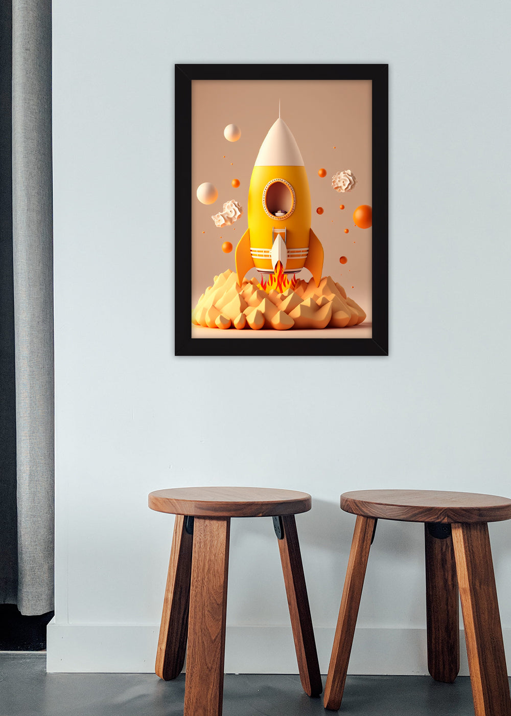 Quadro Decorativo Foguete amarelo - Com vidro