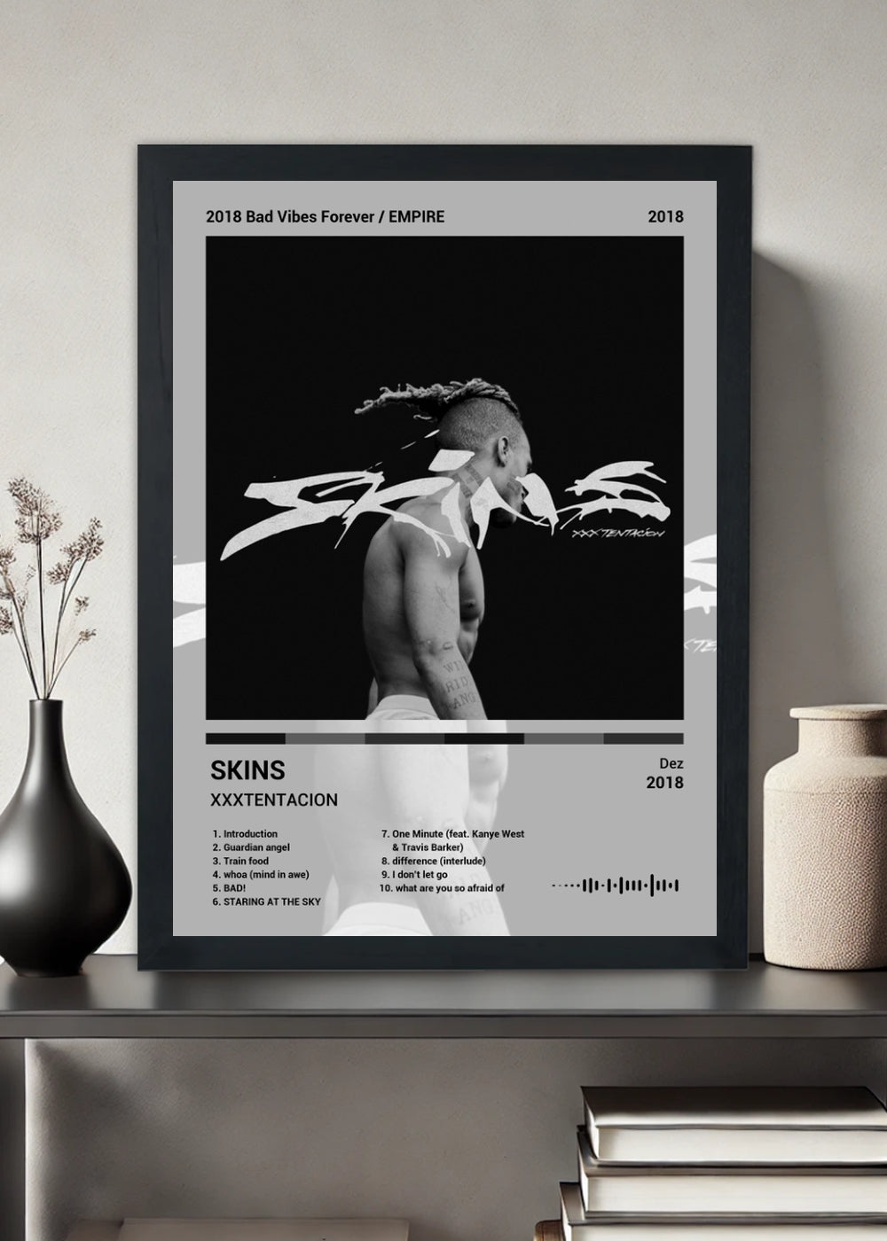 Quadro Decorativo XXXTENTACION SKINS (Black&white) Com Vidro