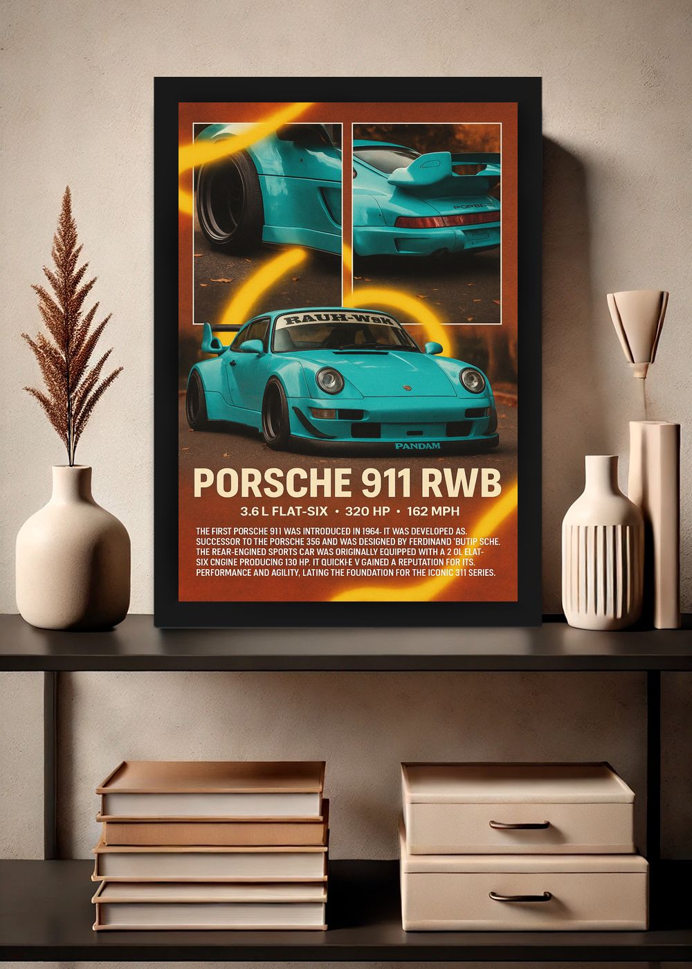 Quadro Com Vidro Porsche 911 RWB com Moldura