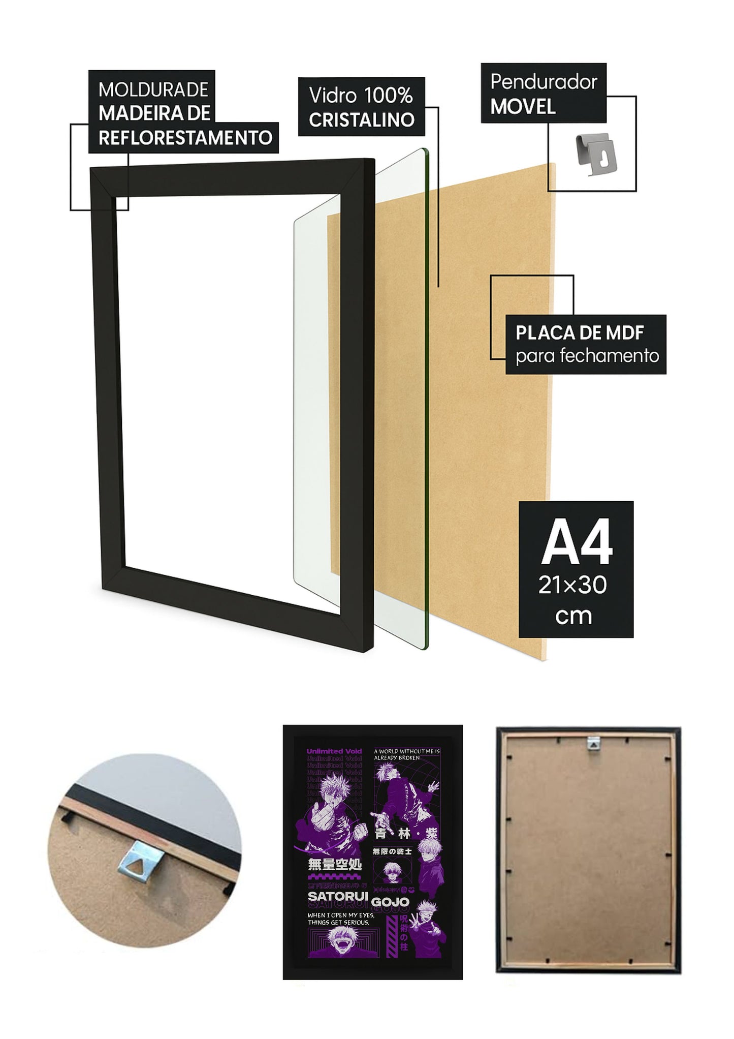 Quadro Satoru Gojo Jujutsu Kaisen Com Vidro e Moldura