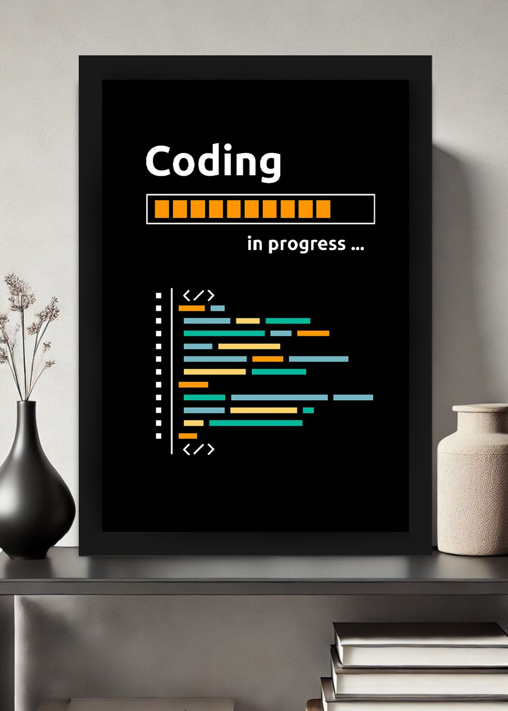 Quadro Coding In Progress com Vidro e Moldura