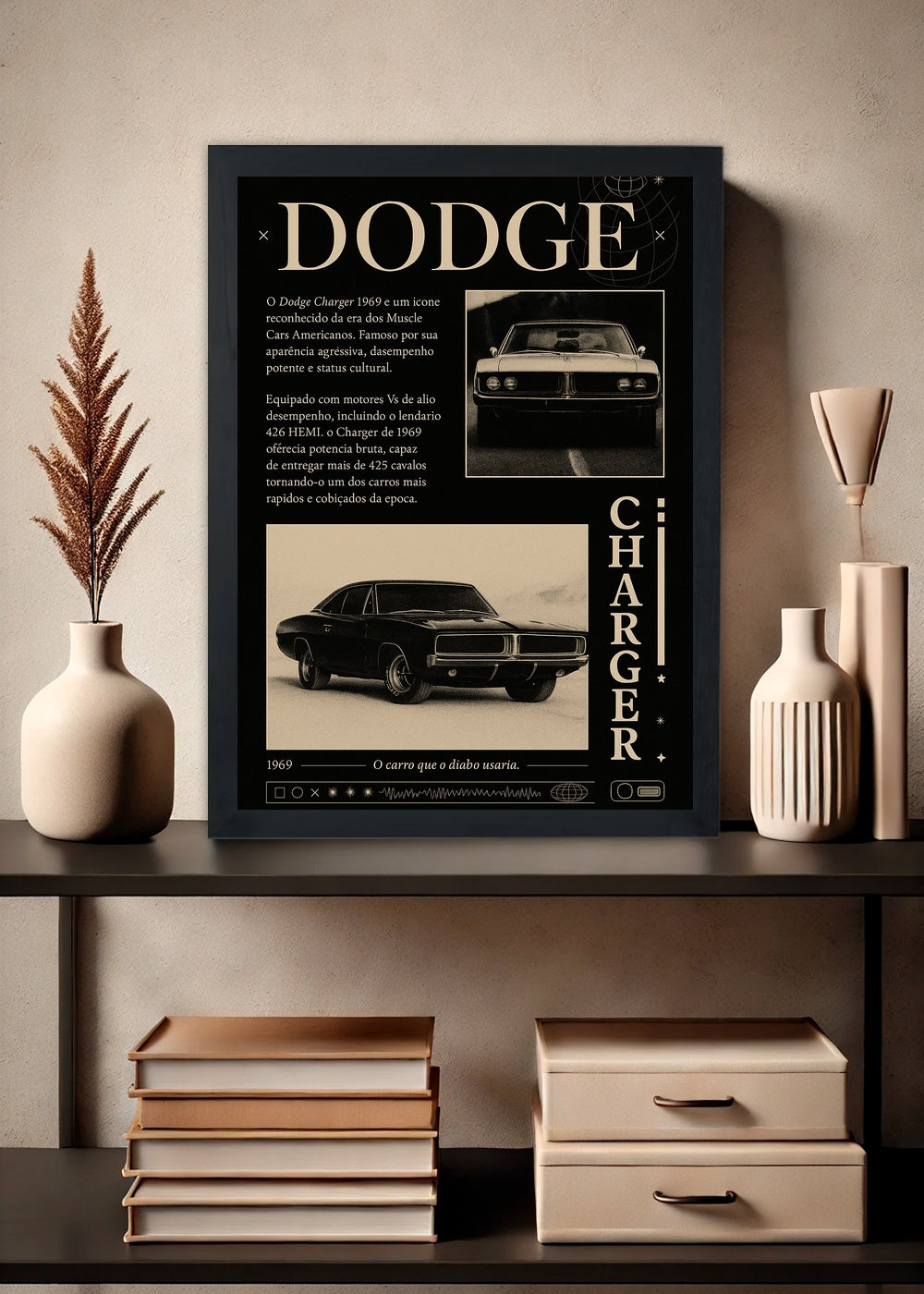 Quadro decorativo Dodge Charger 1969 Clássico – Com vidro