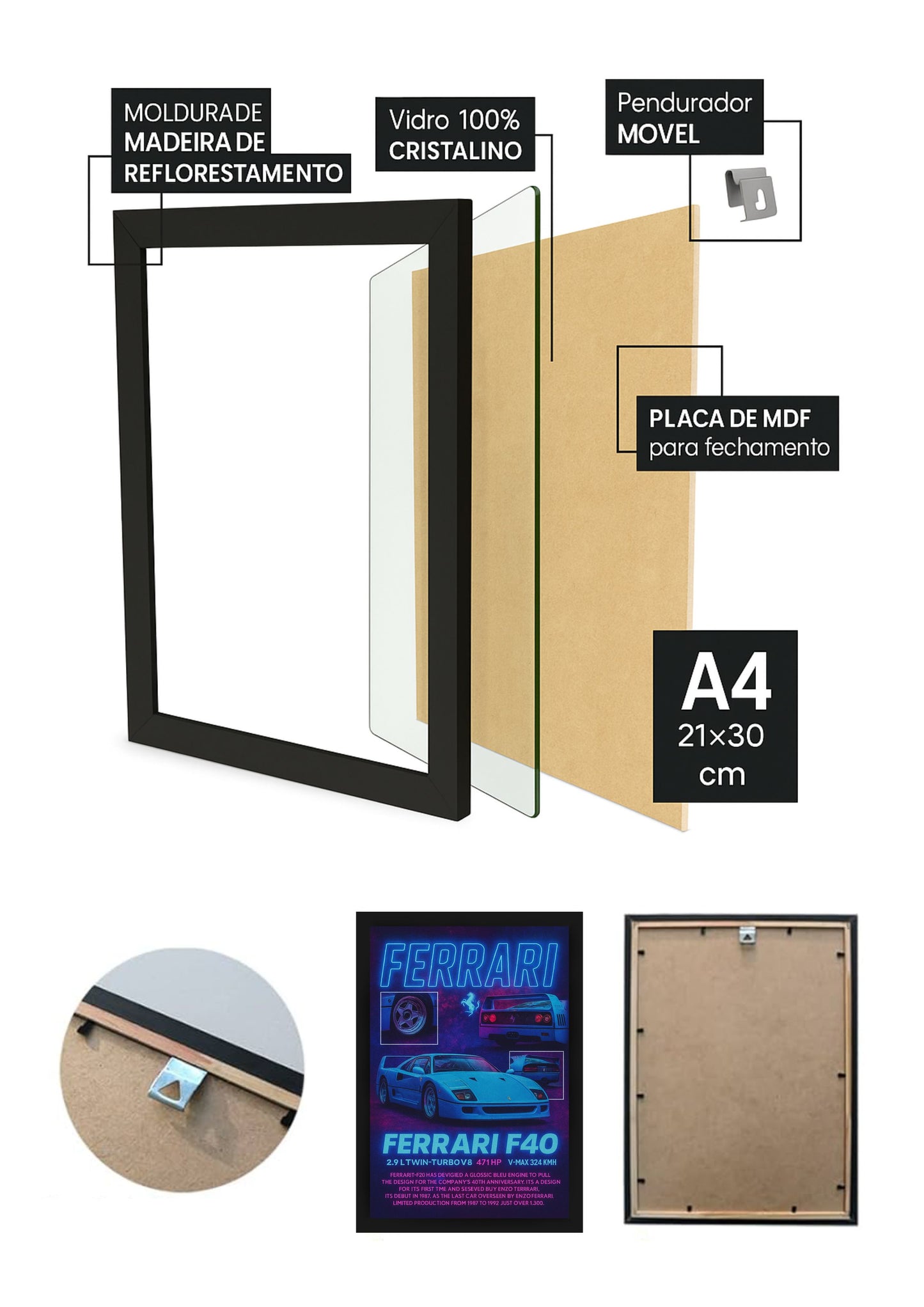 Quadro Com Vidro Ferrari F40 Neon com Moldura