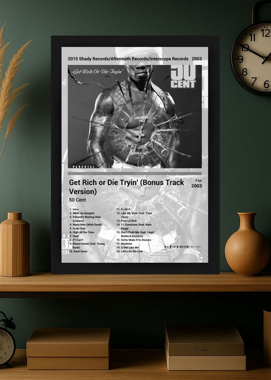 Quadro 50 Cent Get Rich or Die Tryin (Black&white) Com Vidro