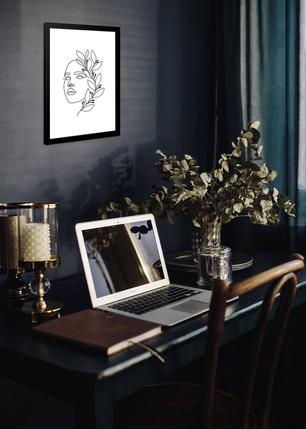 Quadro Decorativo One line Art - Cabelo Floral - Com vidro