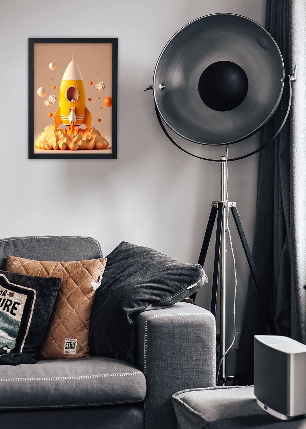 Quadro Decorativo Foguete amarelo - Com vidro