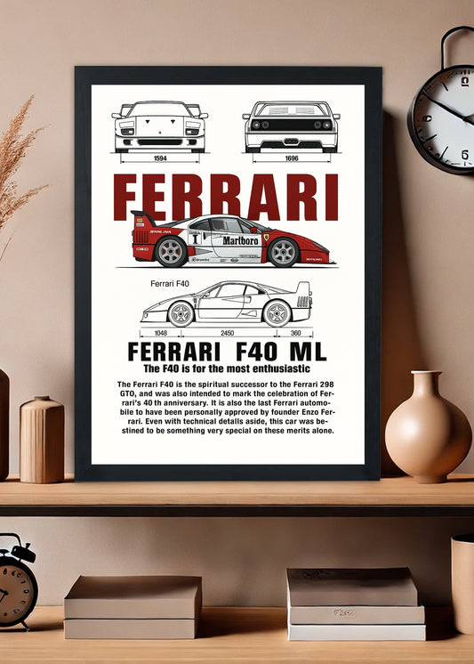 Quadro Decorativo Ferrari F40 ML - Com vidro
