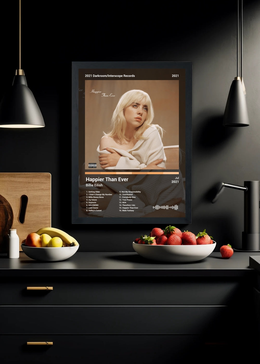 Quadro Billie Eilish Happier Than Ever (Dark) Com Vidro