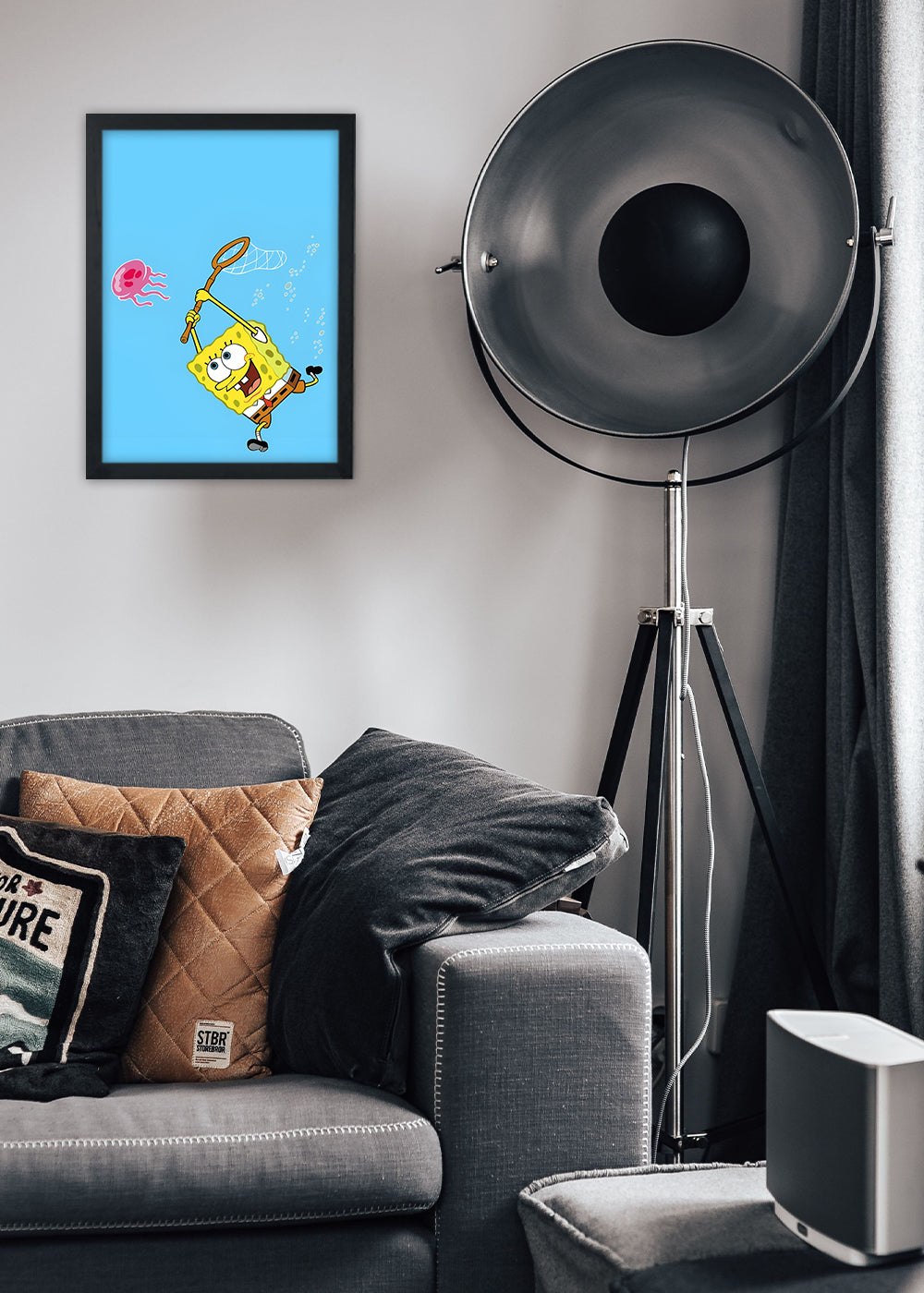Quadro Decorativo Bob esponja caçando - Com vidro
