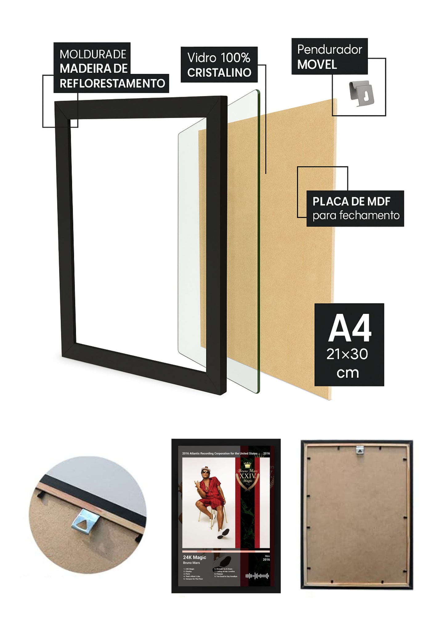 Quadro Decorativo Bruno Mars 24K Magic (Dark) Com Vidro