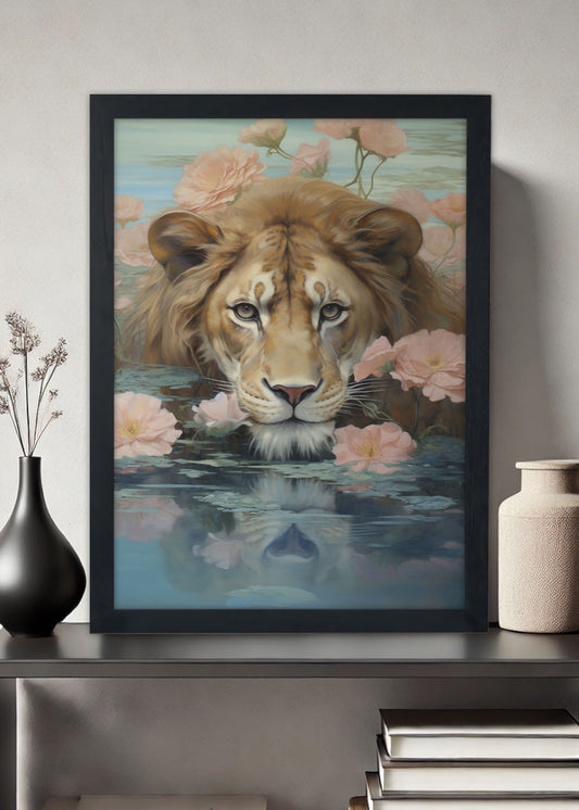 Quadro Decorativo Leão no mar de rosas - Animais - Com vidro