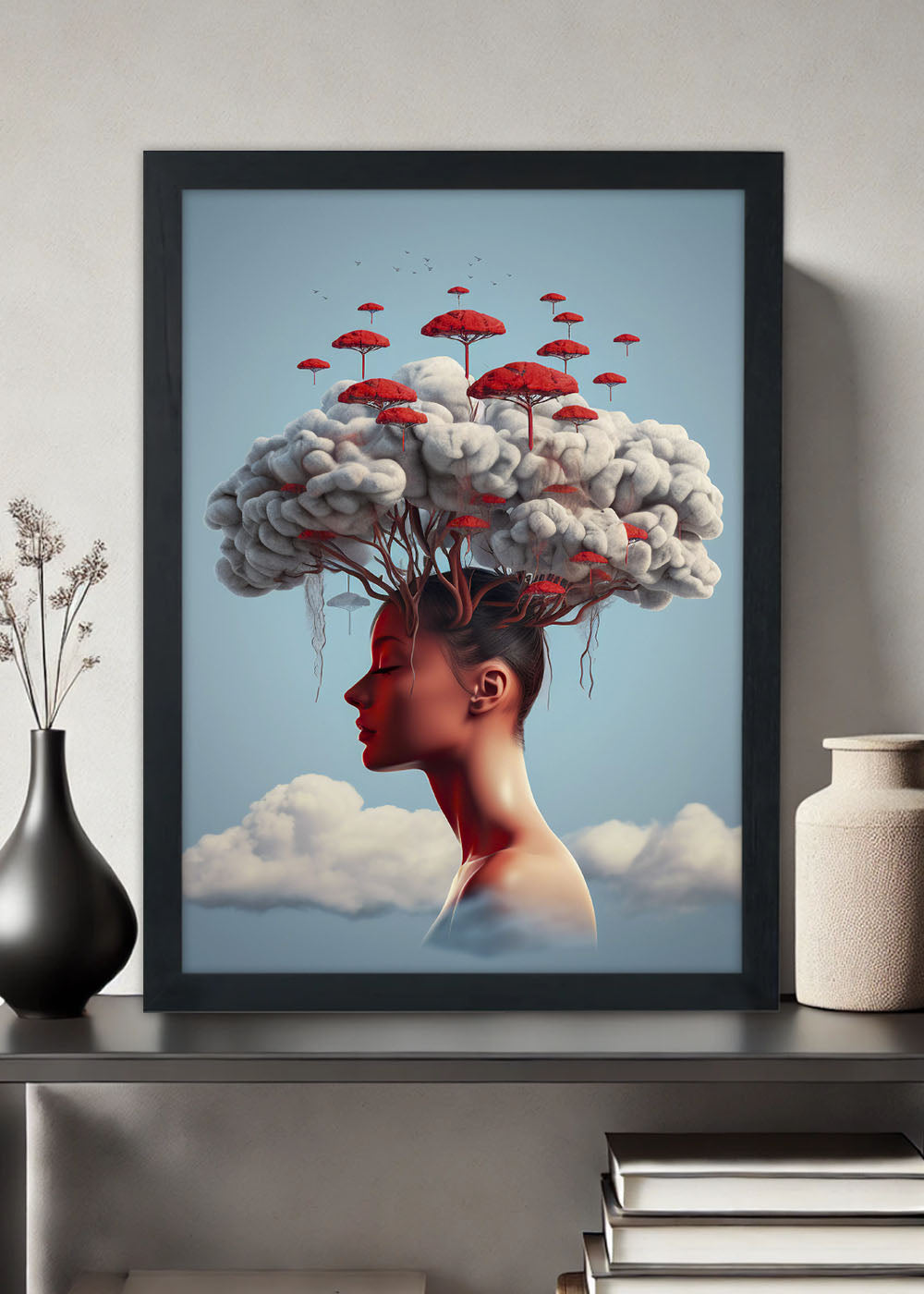 Quadro Decorativo Moça de cogumelos Abstrata - Com vidro