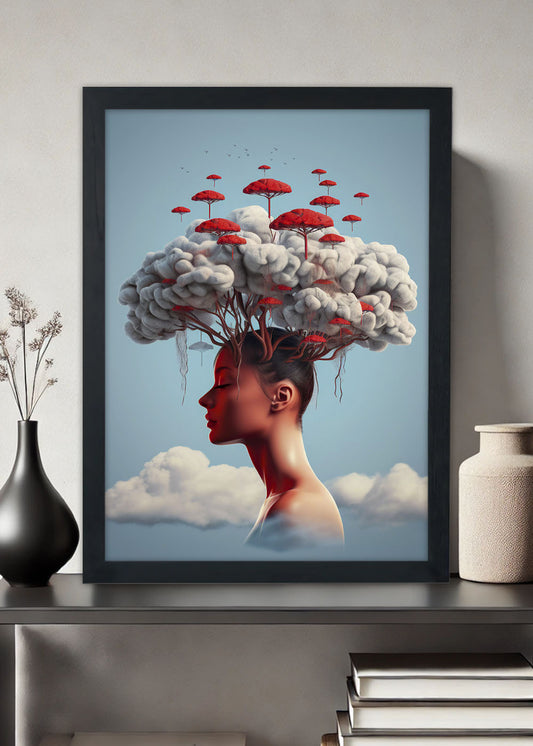 Quadro Decorativo Moça de cogumelos Abstrata - Com vidro