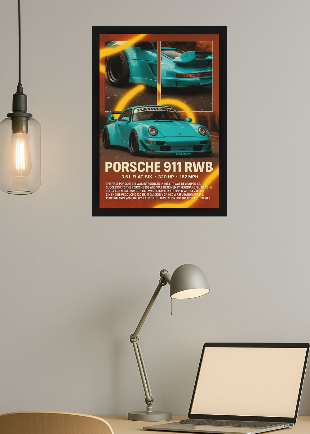 Quadro Com Vidro Porsche 911 RWB com Moldura
