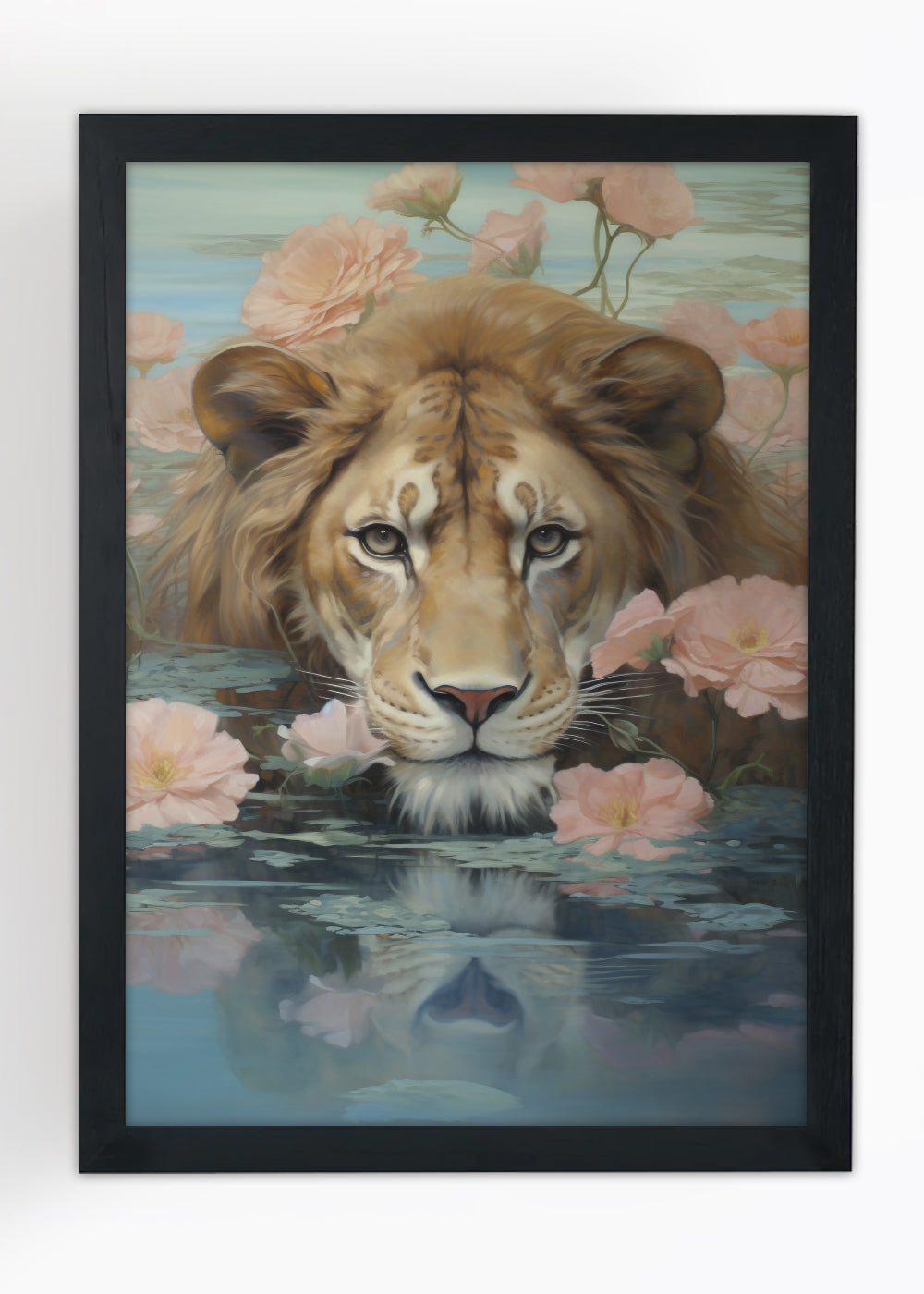 Quadro Decorativo Leão no mar de rosas - Animais - Com vidro
