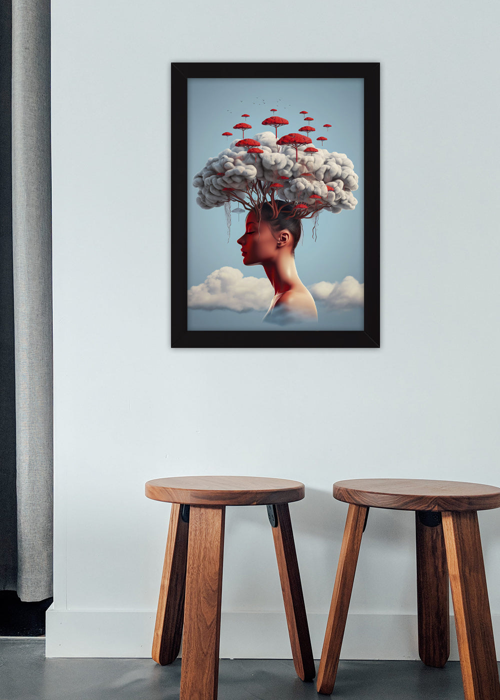 Quadro Decorativo Moça de cogumelos Abstrata - Com vidro