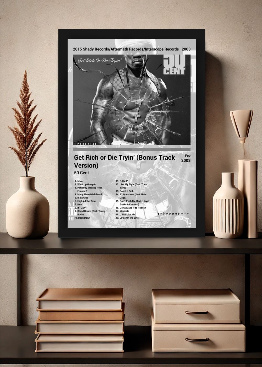 Quadro 50 Cent Get Rich or Die Tryin (Black&white) Com Vidro