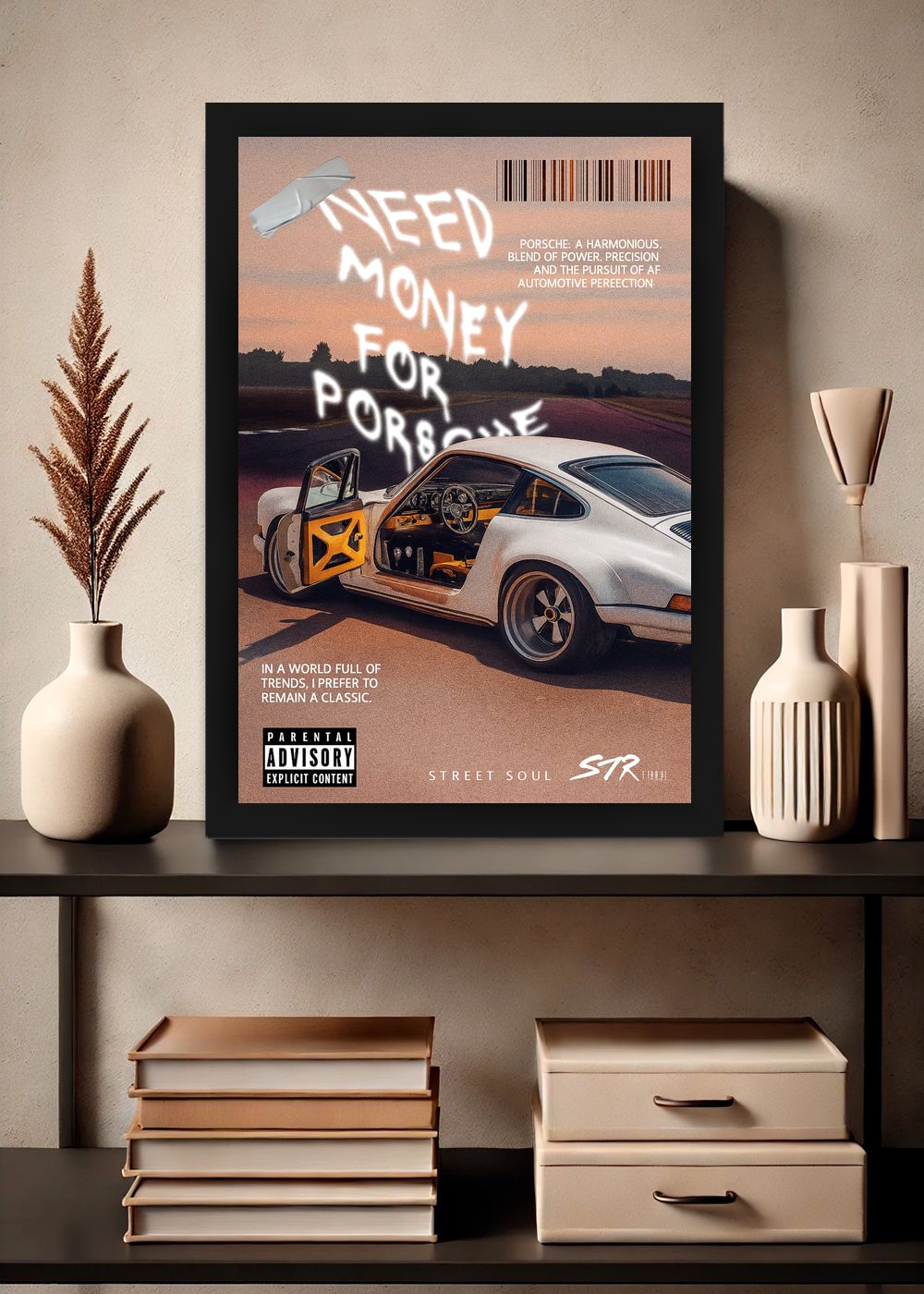 Quadro Decorativo Need Money for Porsche Street Com Vidro