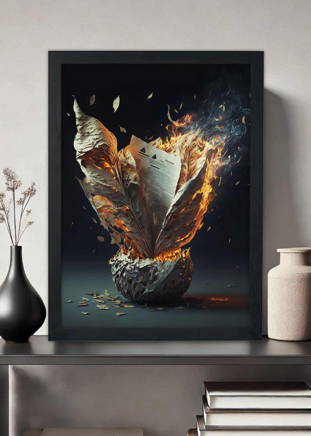 Quadro Decorativo Arte de papeis queimados - Com vidro