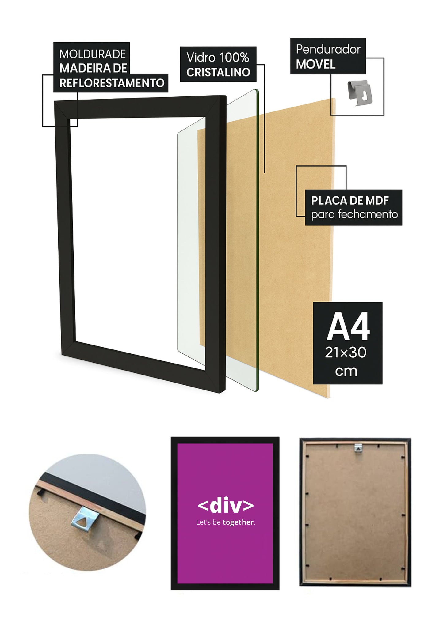 Quadro dev <div> Let's Be Together com Vidro e Moldura