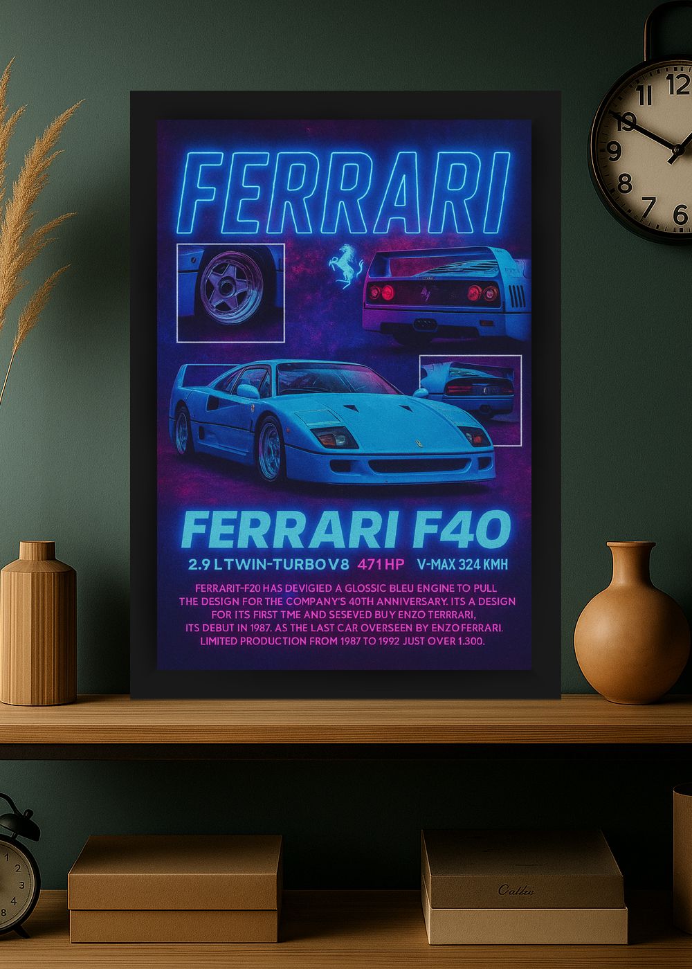 Quadro Com Vidro Ferrari F40 Neon com Moldura