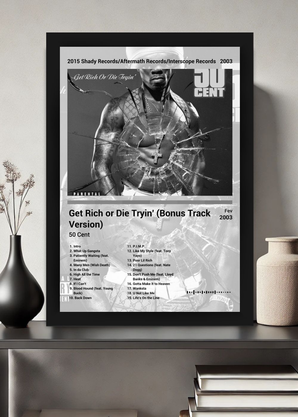 Quadro 50 Cent Get Rich or Die Tryin (Black&white) Com Vidro
